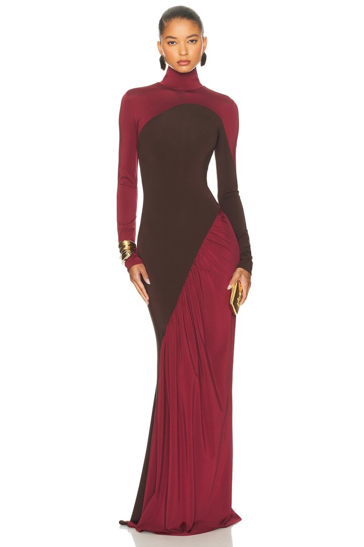 Contrast Color Long Sleeve High Neck Maxi Dress