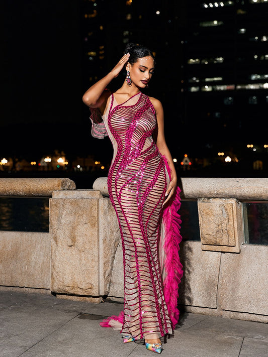 Draped Cutout Sequin Mesh Dress In pink