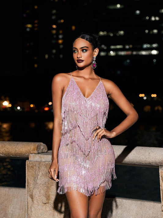 Crystal Chain Fringe Mesh Mini Dress In Pink - REBECATHELABEL