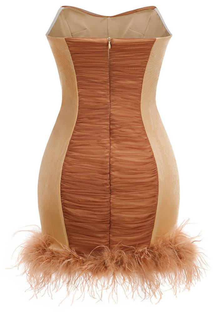 Strapless Crystal Draped Feathers Dress Brown