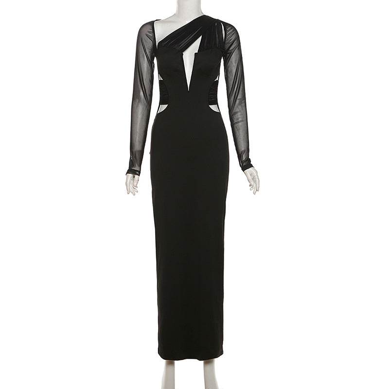 Long Sleeve Diagonal Collar Sexy Cutout Slim Fit Sheath Elegant Dress - REBECATHELABEL