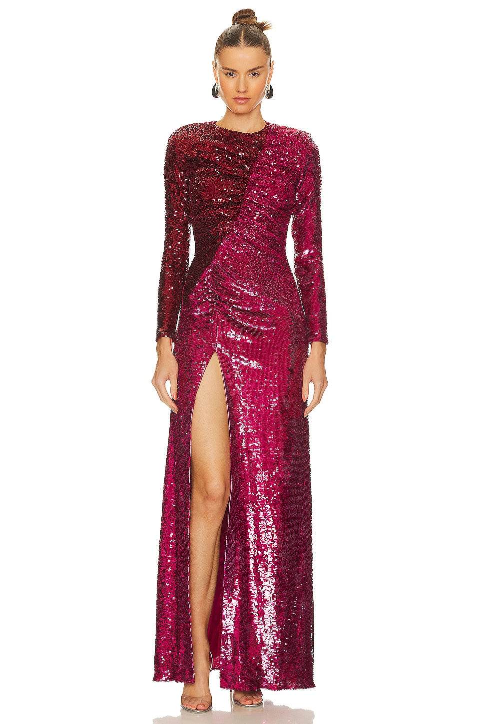 Sequins Long Sleeve Tight High Split Long Dress - REBECATHELABEL