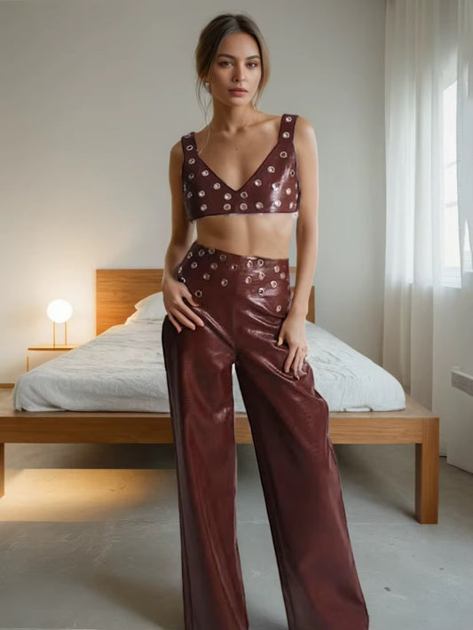 Hole Leather Two Pieces Set Crop Top+High Waist Pants