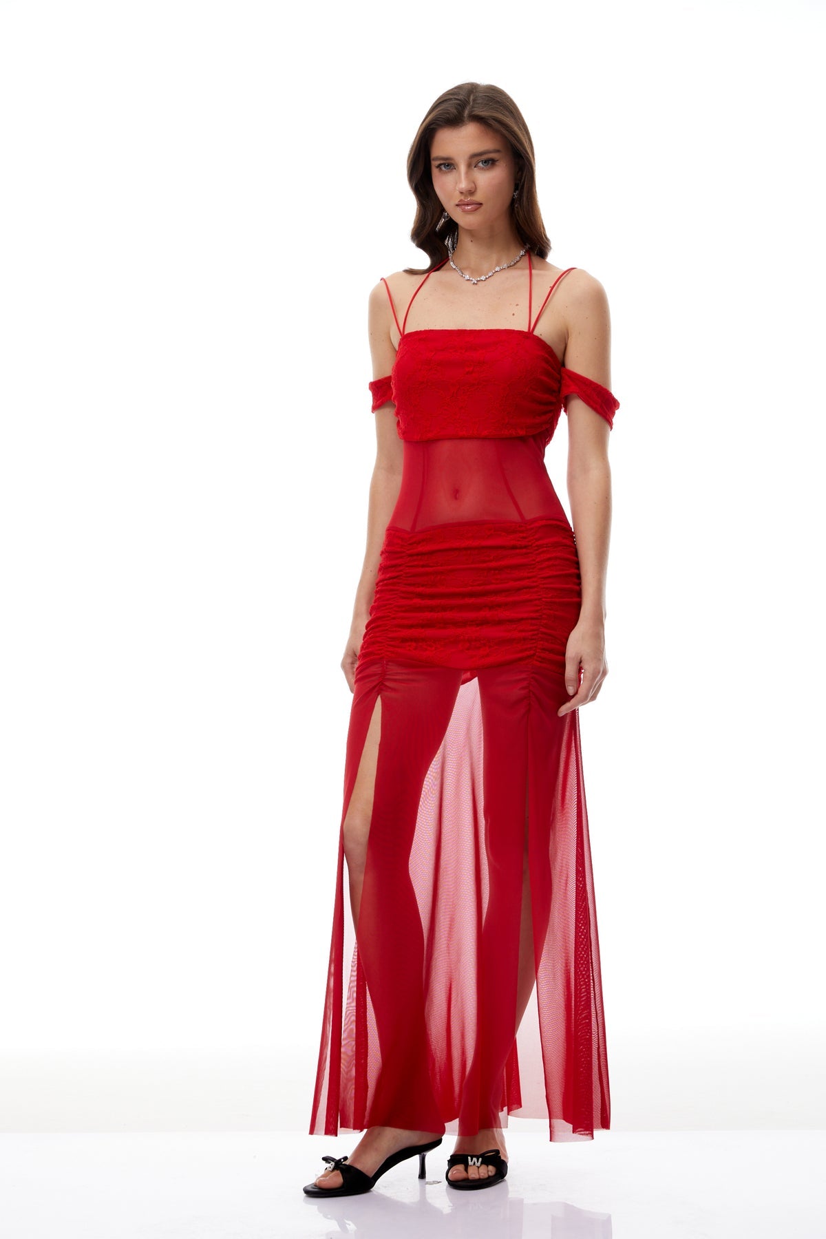 Red Ruched Lace Panel Meah Midi Dress