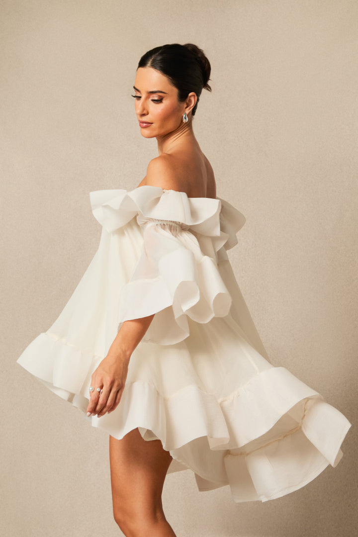 Off The Shoulder Sleeve Metal Buckle Patchwork Mini Dress