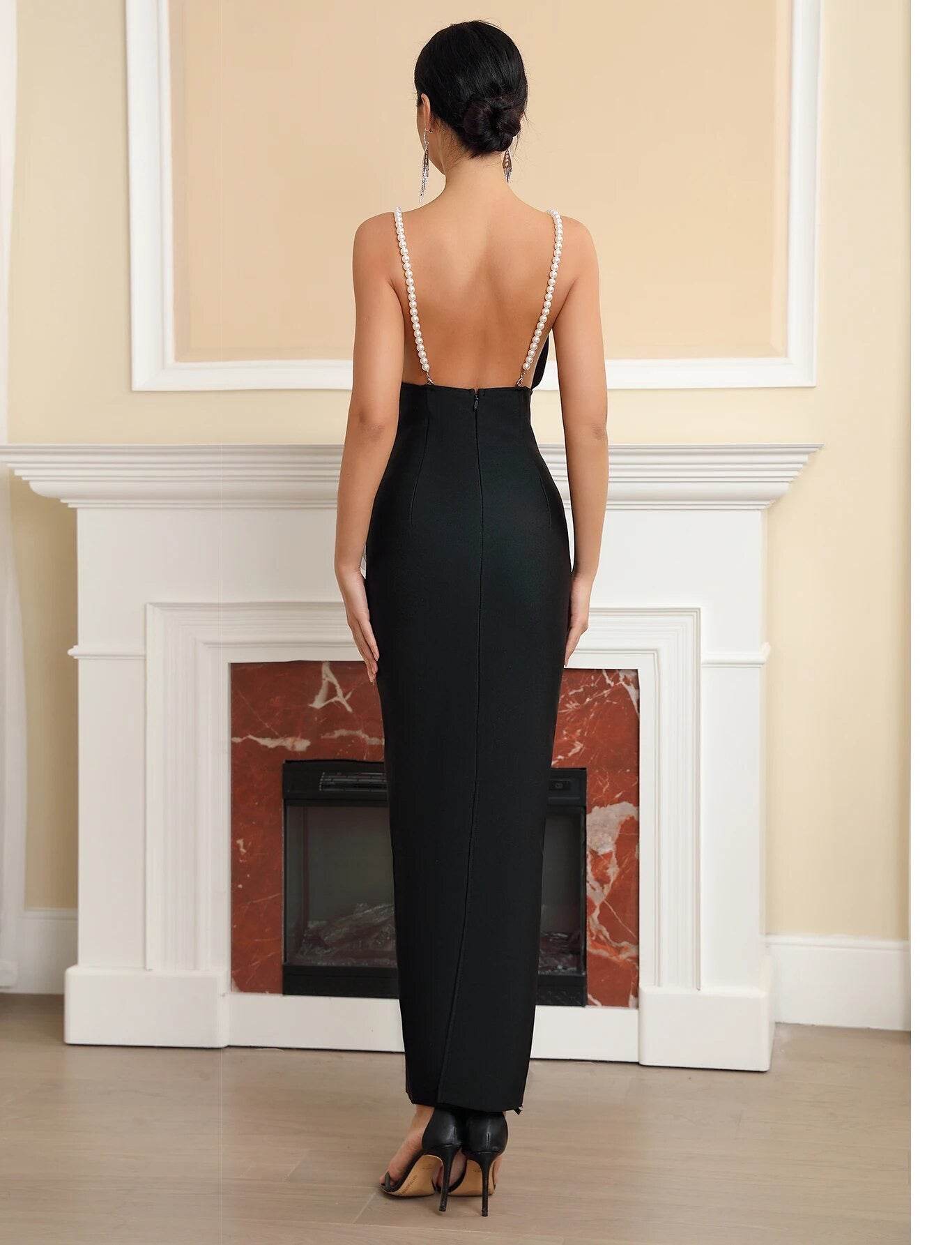 Rose Deep V-neck Sleeveless Tight Long Bandage Knitted Dress - REBECATHELABEL