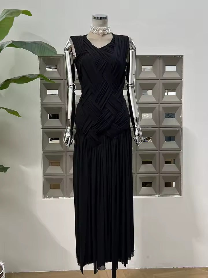 Mesh Folds Cross Weaving Design Bodycon Long Dress