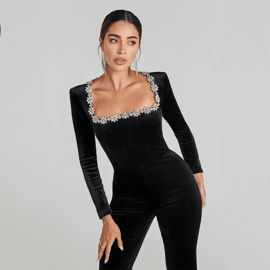 Square Neck Diamond High Waist Wide Leg jumpsuit - REBECATHELABEL