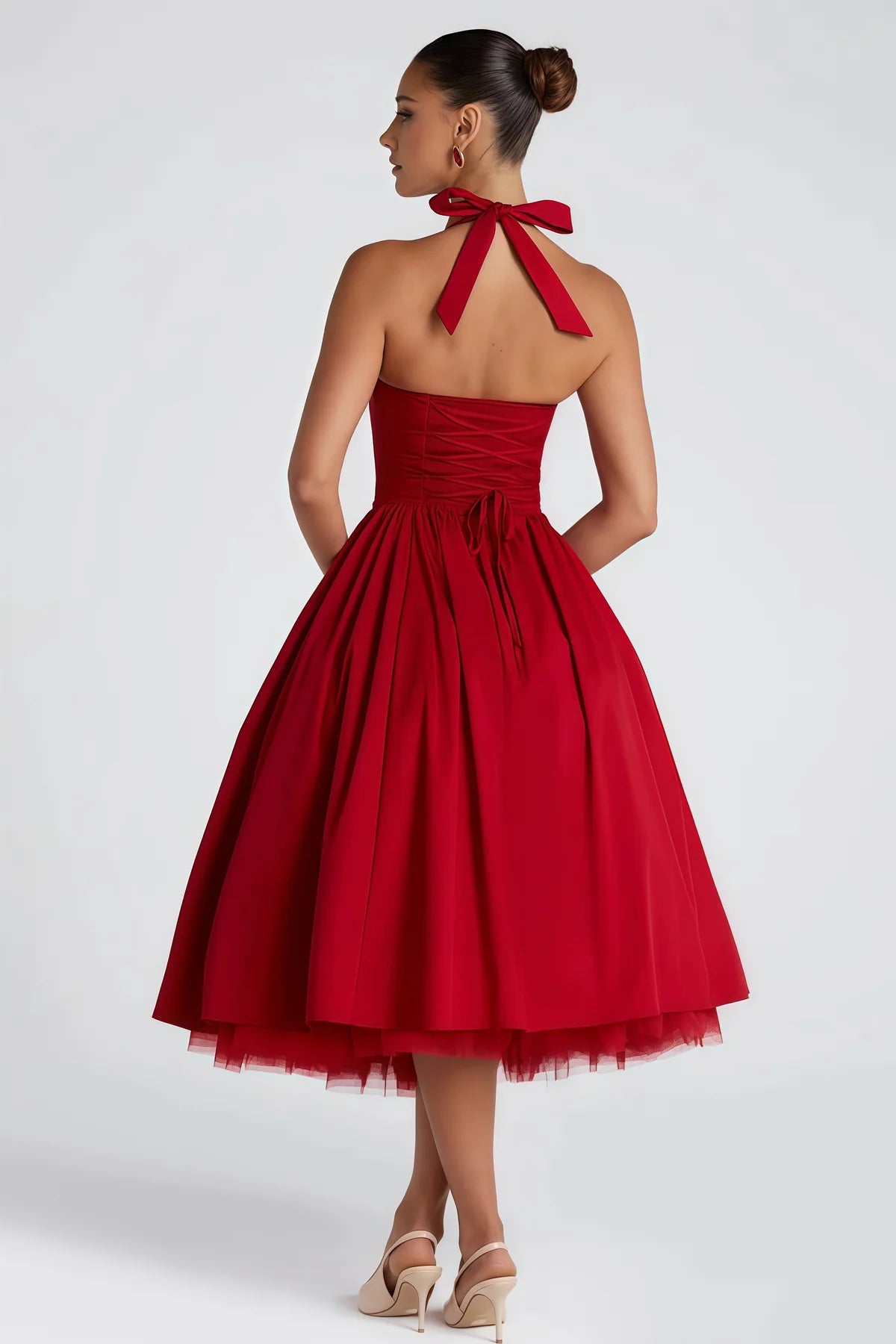 Red Layered Flared Hem Midi Dress