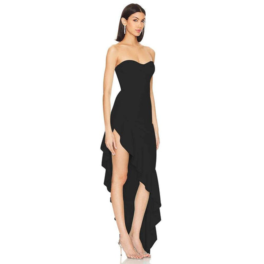 Strapless Asymmetric Ruffle Edge Long Bandage Dress - REBECATHELABEL