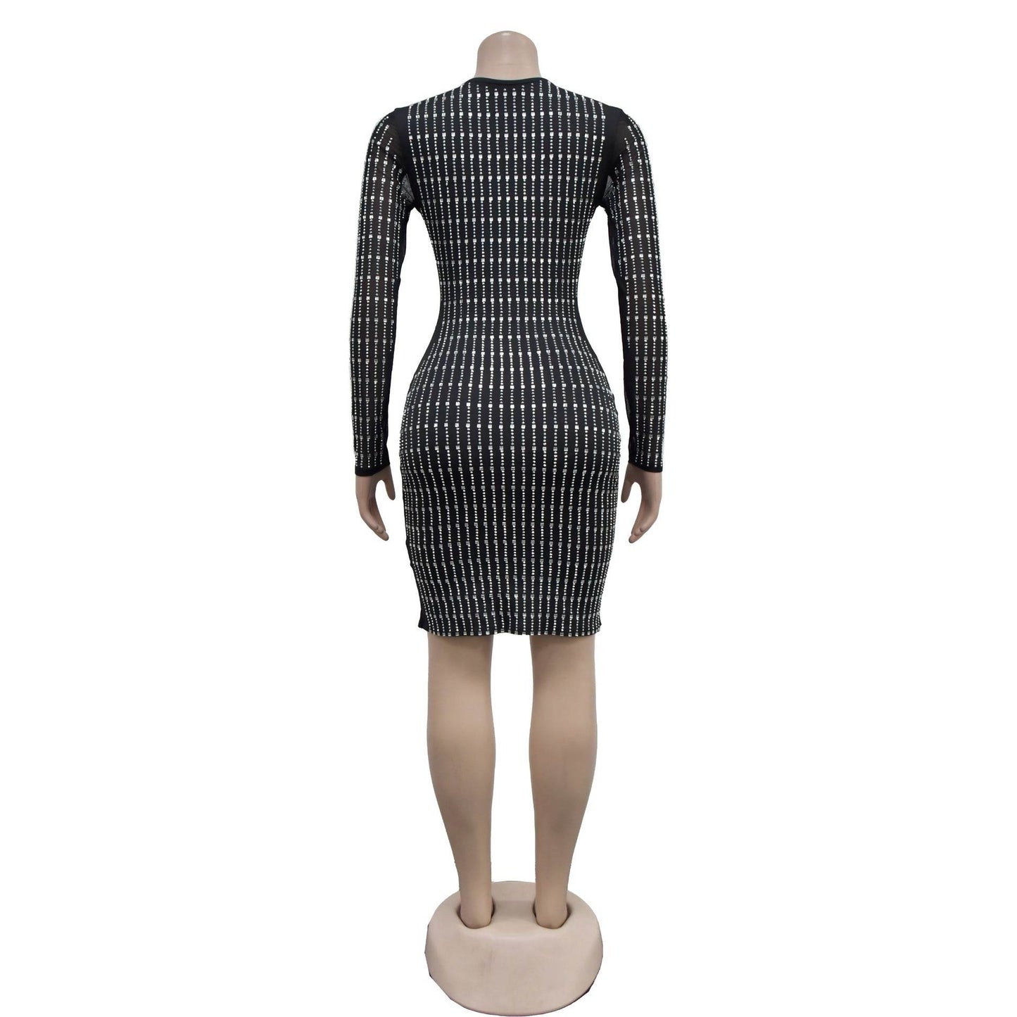 Mesh Rhinestone Long Sleeve Short Dress - REBECATHELABEL