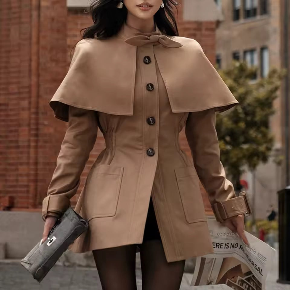 Spliced Bow Tie Cape Design Waist Tied Midi Trenchs