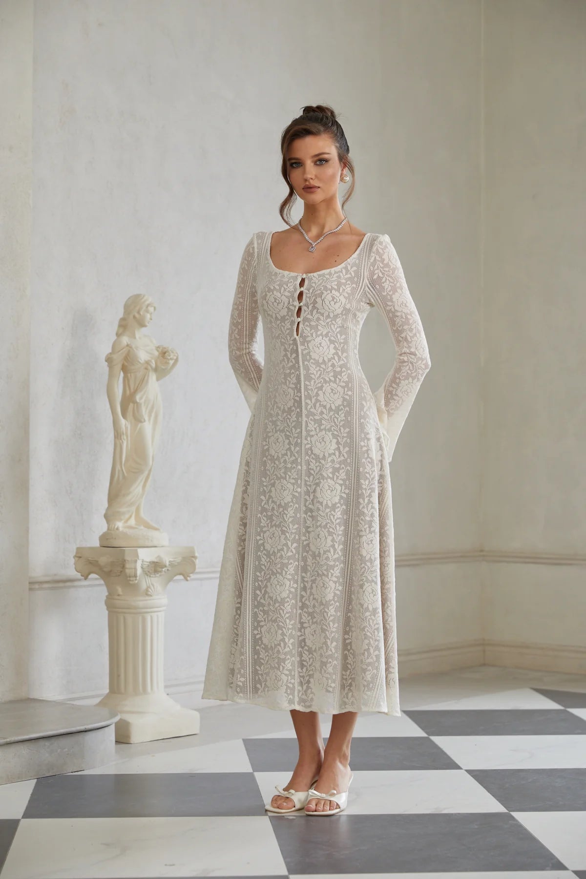 White Flared Crochet Knit Midi Dress