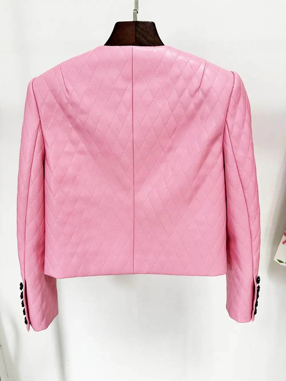 Pink Diamond Quilted Short Leather Jacket Leather Mini Skirt set - REBECATHELABEL
