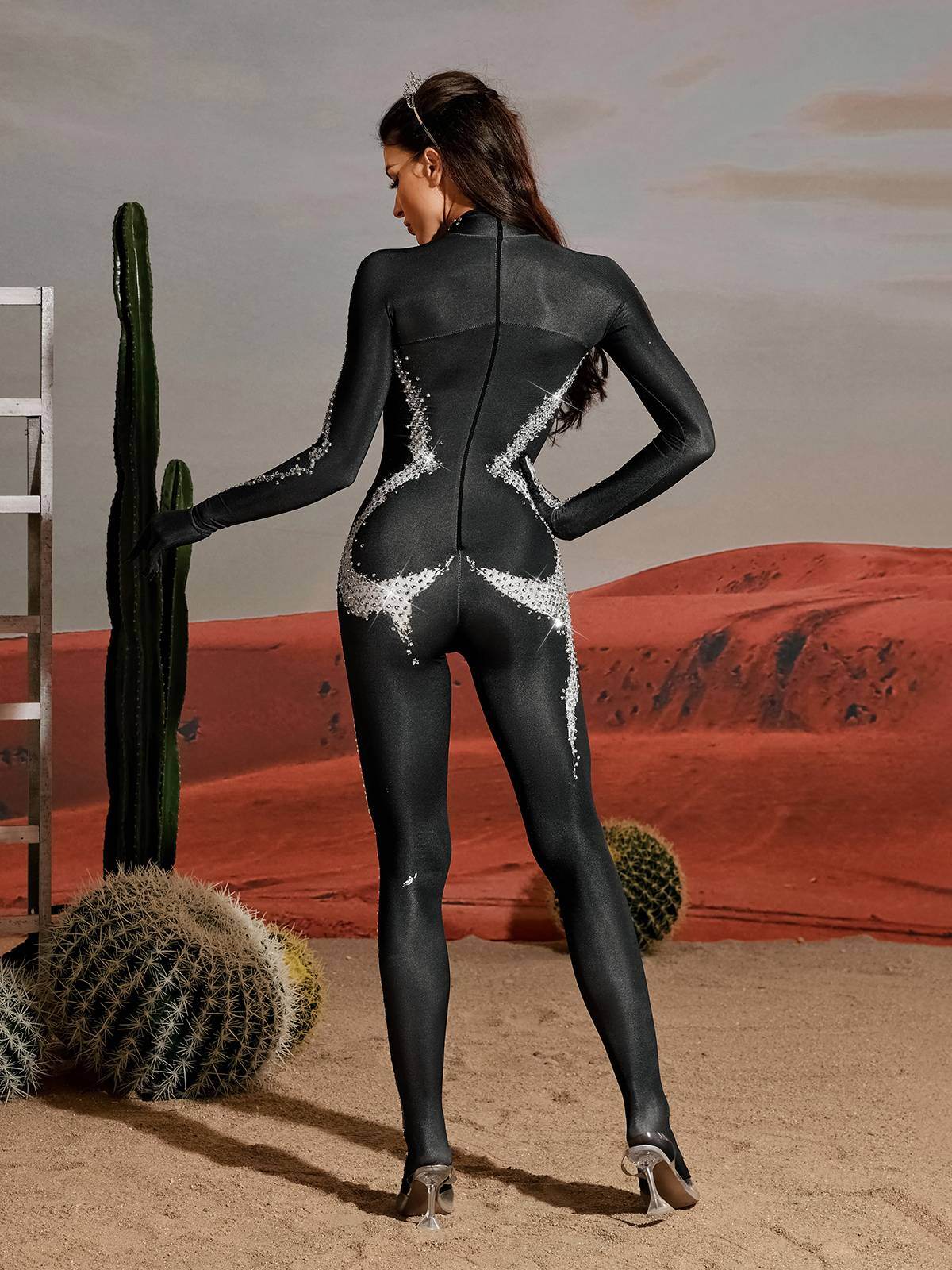 Body Printed Rhinestone Gloves Jumpsuit In silver - REBECATHELABEL