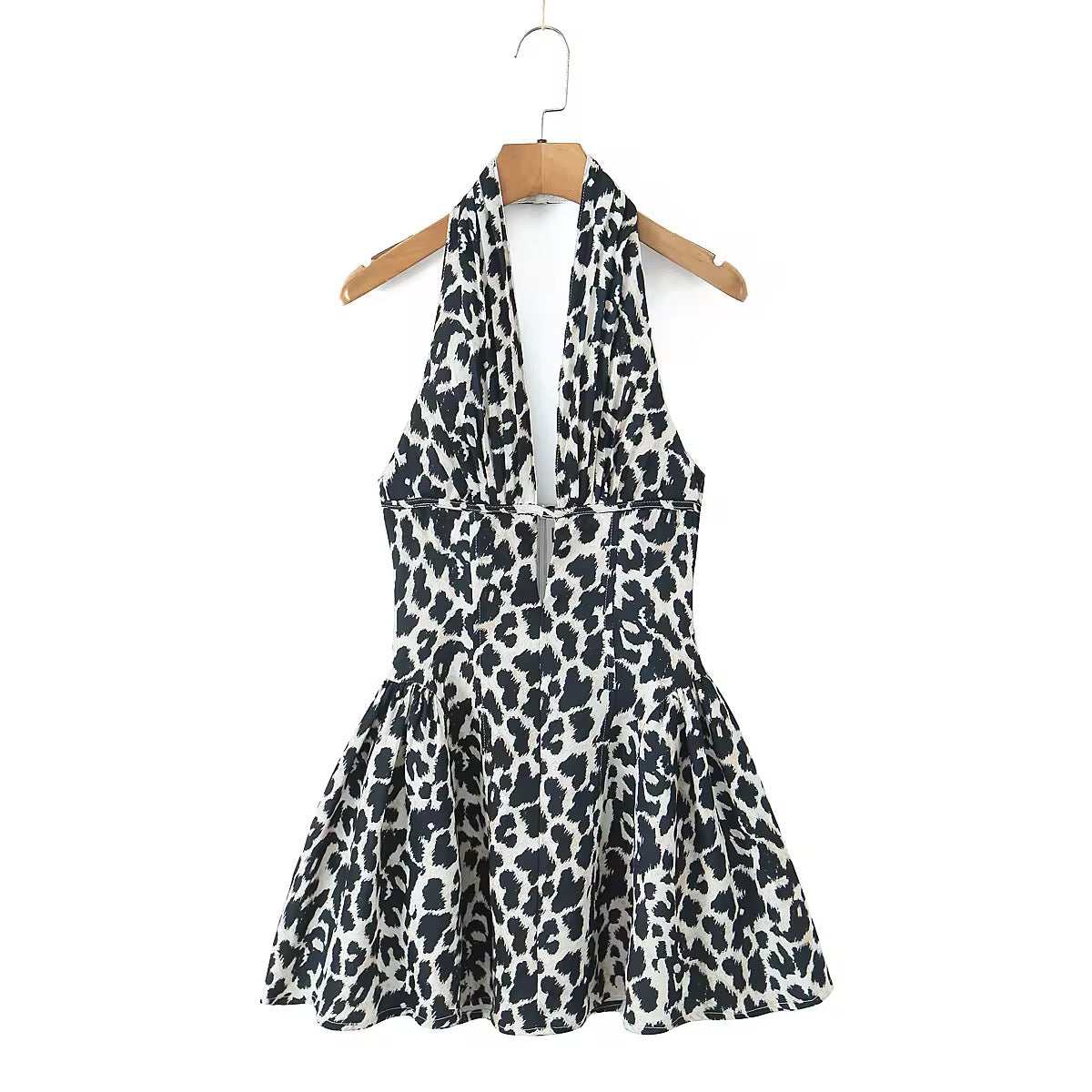 Leopard Dot Pleated Ruched Halter Dress