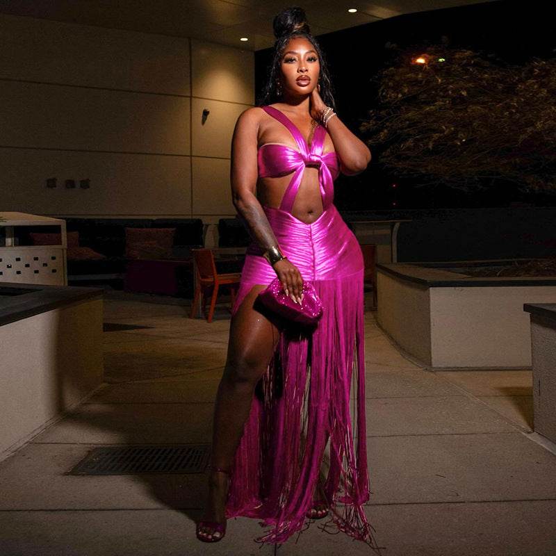 Butterfly Strap Exposed Cropped Strap Length Tassel Dress - REBECATHELABEL