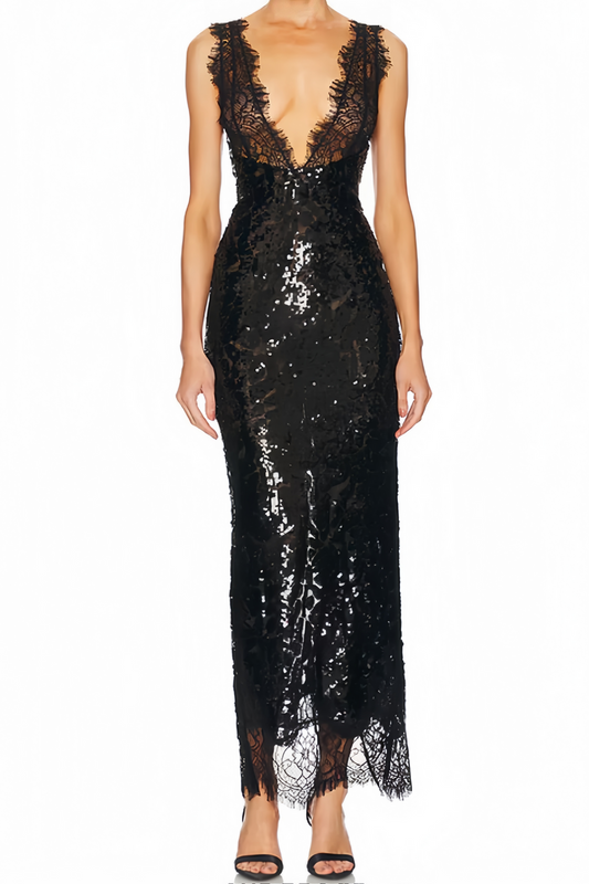 Black Lace Panel Sequined Maxi Dress