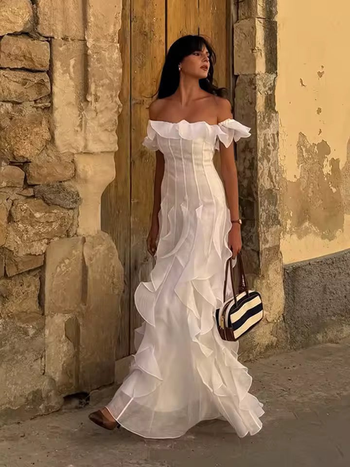 White Ruffle Edge Slash Collar Slim Fit Long French Dress