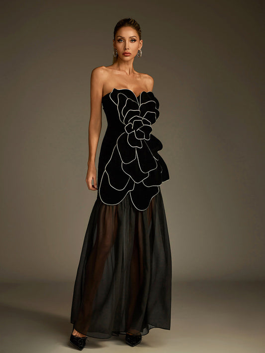 Stapless Flower Mesh Maxi Dress