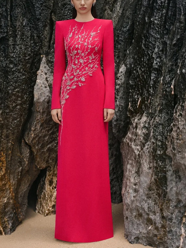 Crew Neck Elegant Evening Dress and Classic Long Sleeve dress
