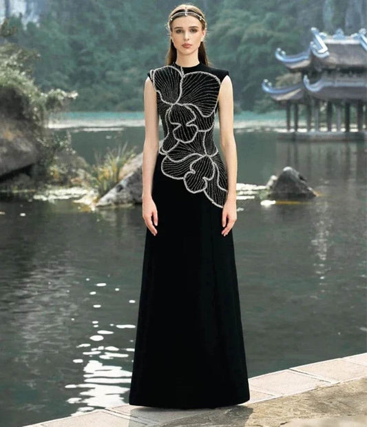 Sleeveless Orchid Pattern Diamond A-line Long Bandage Dress - REBECATHELABEL