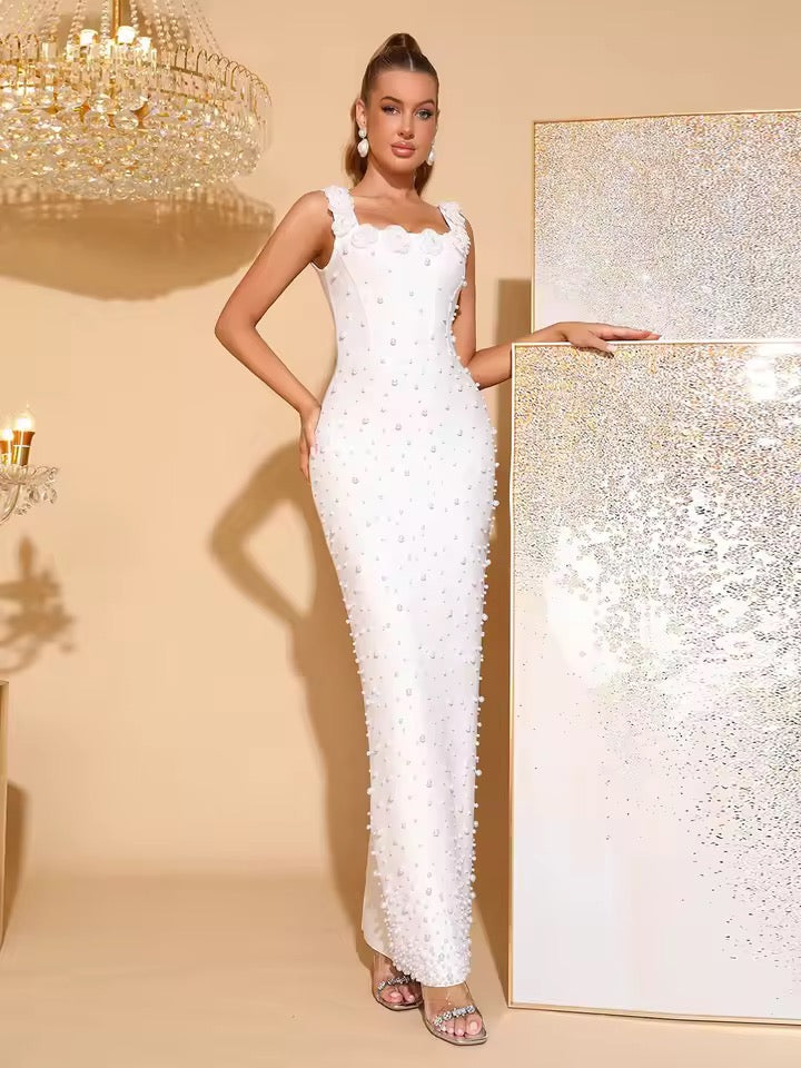 Pearl Bead Tight Bandage Long Dress