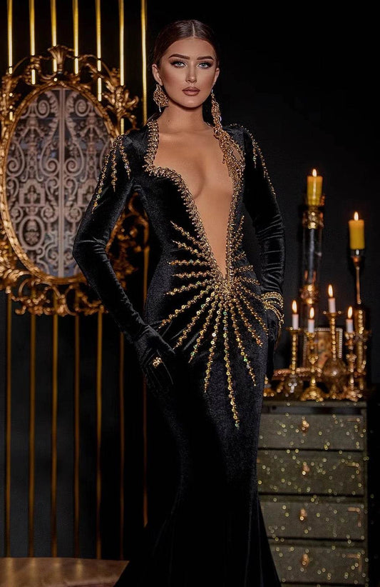 V-neck Mesh Diamond Tight Long Bandage Dress - REBECATHELABEL