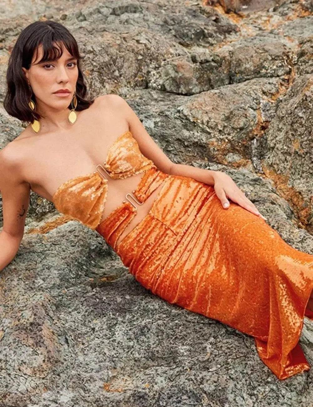 Strapless Orange Strapless Strapless Sequin Cut Out Tight Midi dress - REBECATHELABEL