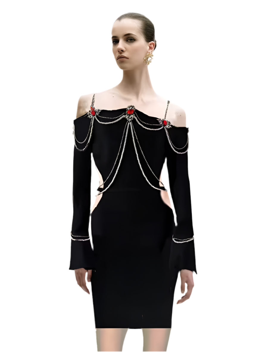 Off the Shoulder Diamond Bead Chain Bodycon Mini Bandage Dress
