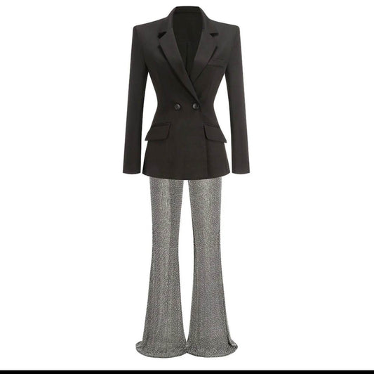 Two Piece diamond Long sleeved Double Button Suit Top set - REBECATHELABEL