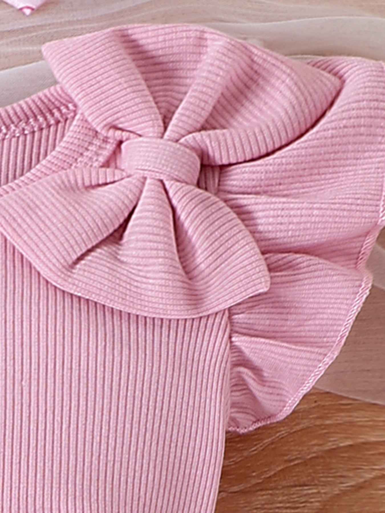 Children's Bowknot Ruffle Trim Bodysuit & Skort & Headband Set