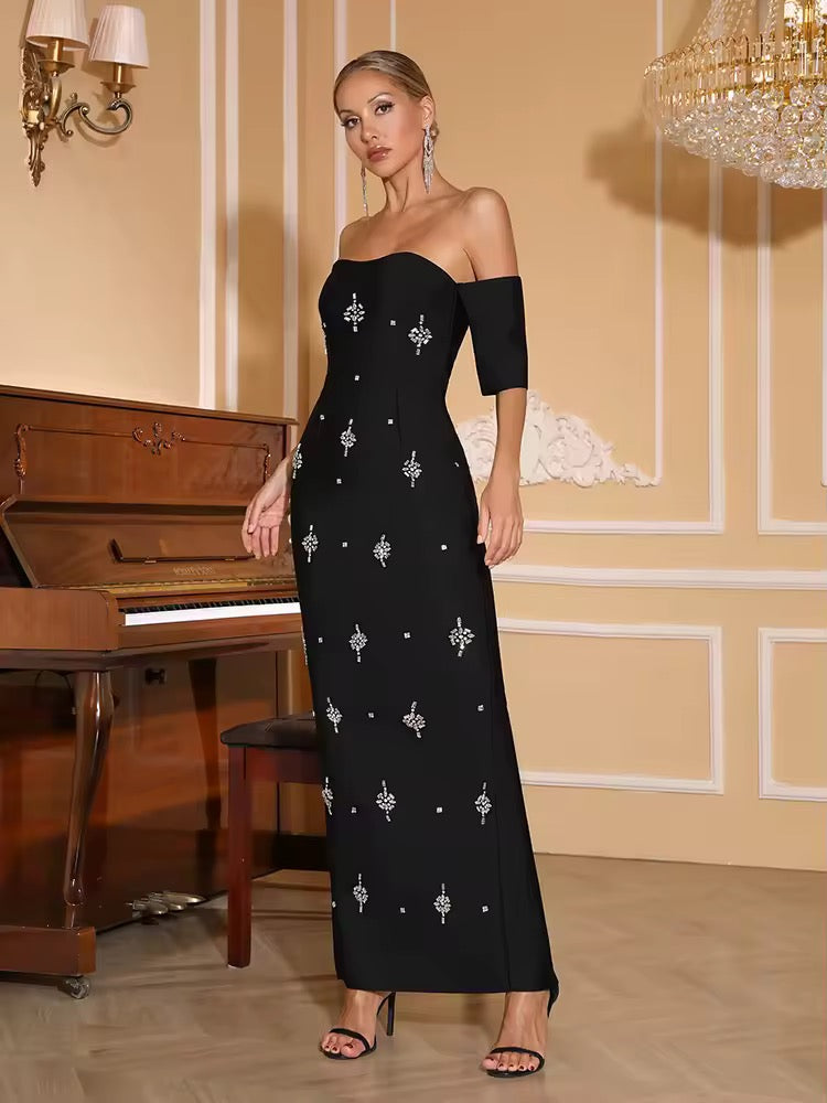 Off Shoulder Short Sleeves Diamonds Bandage Dress