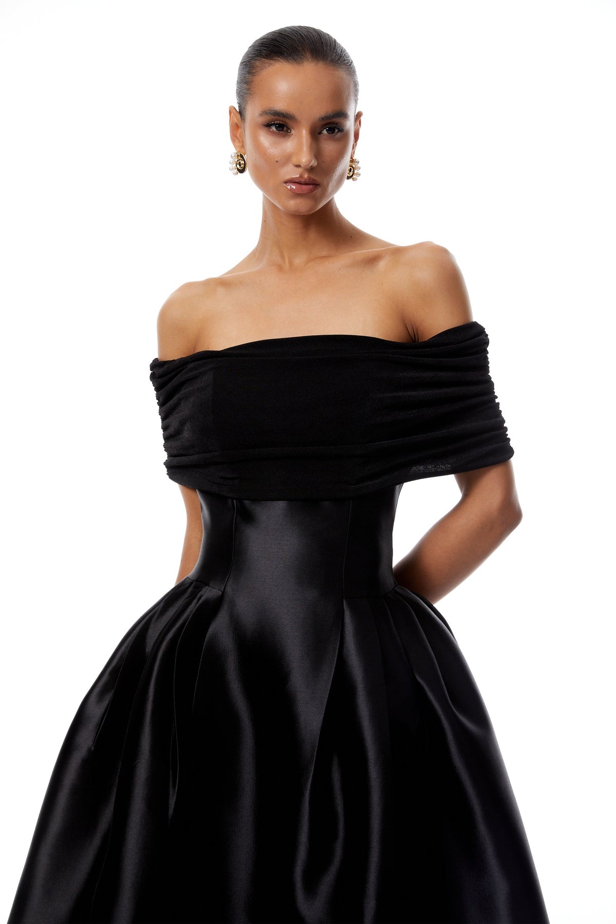 Black Off Shoulder Polished Midi Dress