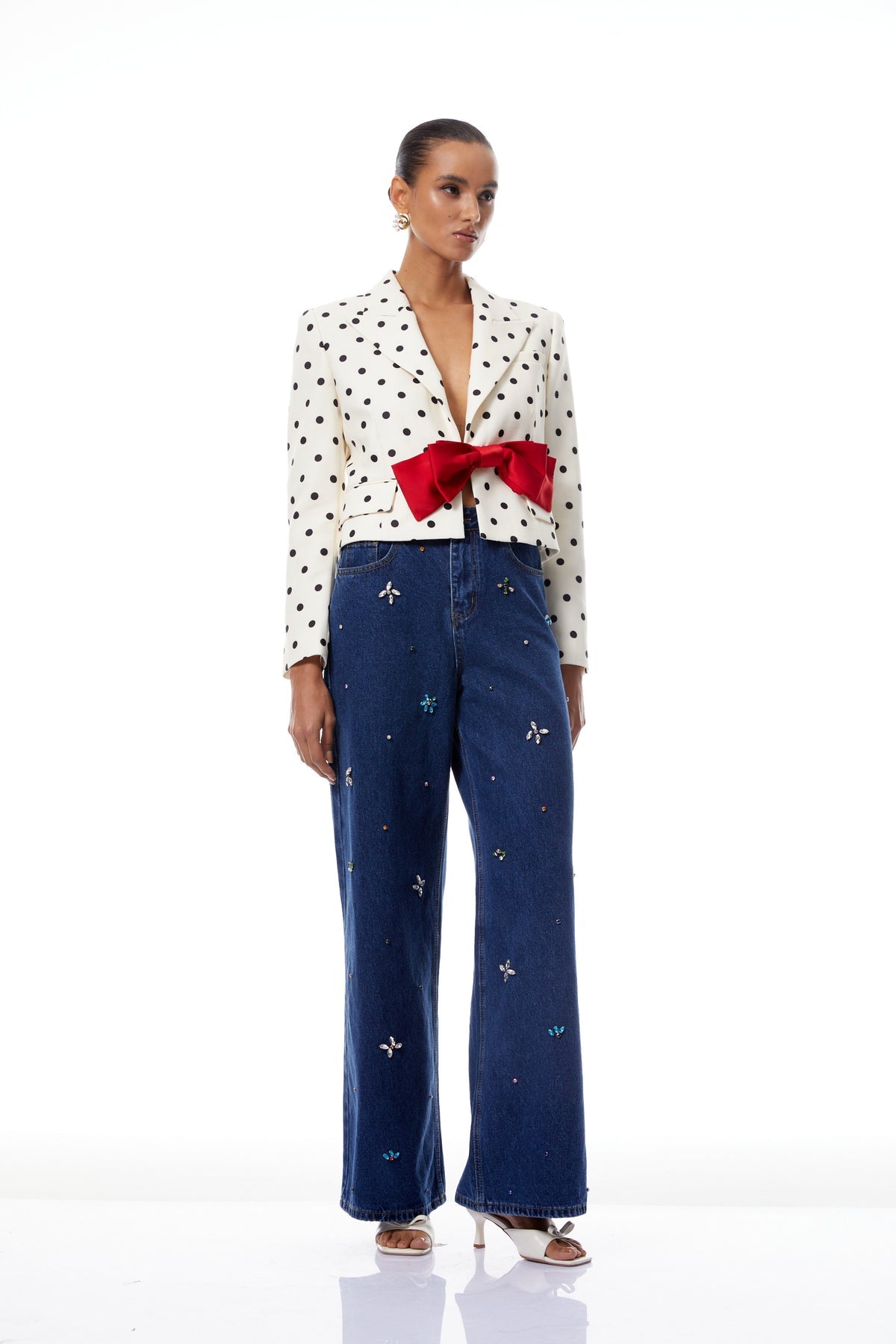 White Bowknot Polka Dot Short Jacket