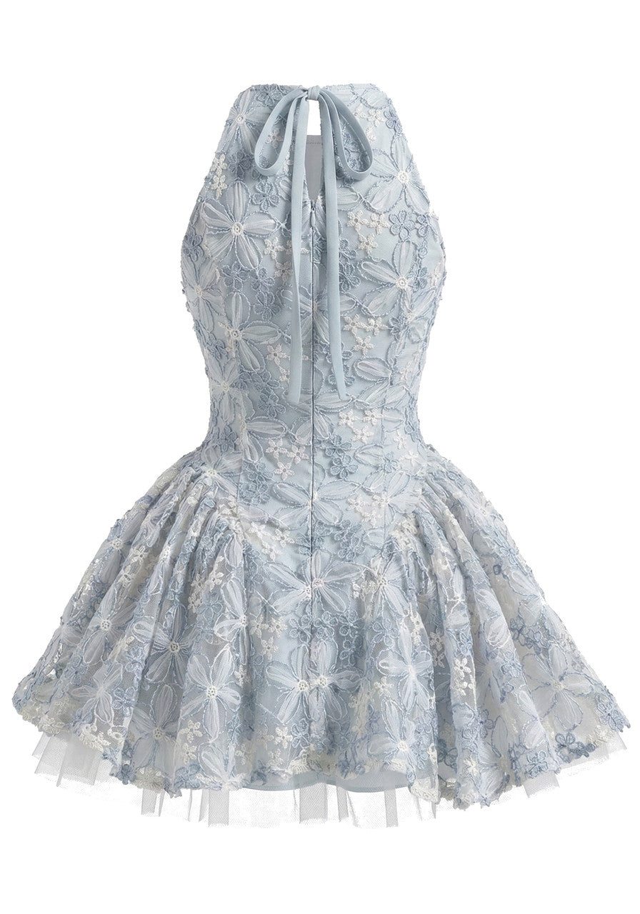 Halter Floral A Line Dress Blue