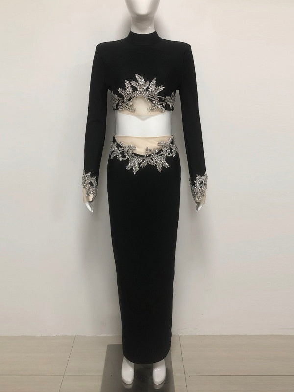 Long Sleeve Lace Patchwork Sequin Short Top with High Waist Pencil Skirt Two-Piece