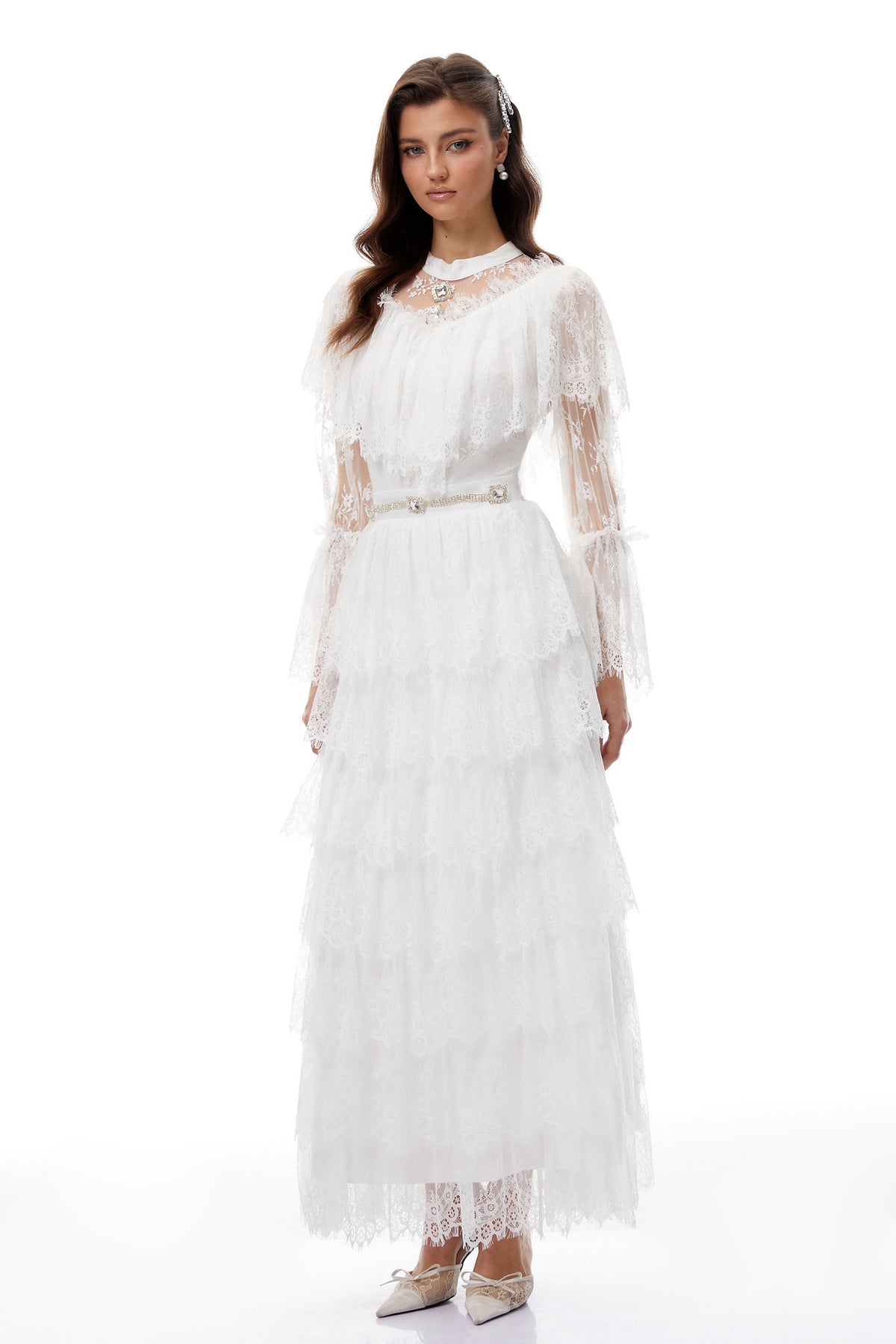 White Floral Lace Tiered Maxi Dress