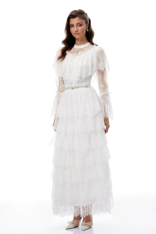 White Floral Lace Tiered Maxi Dress