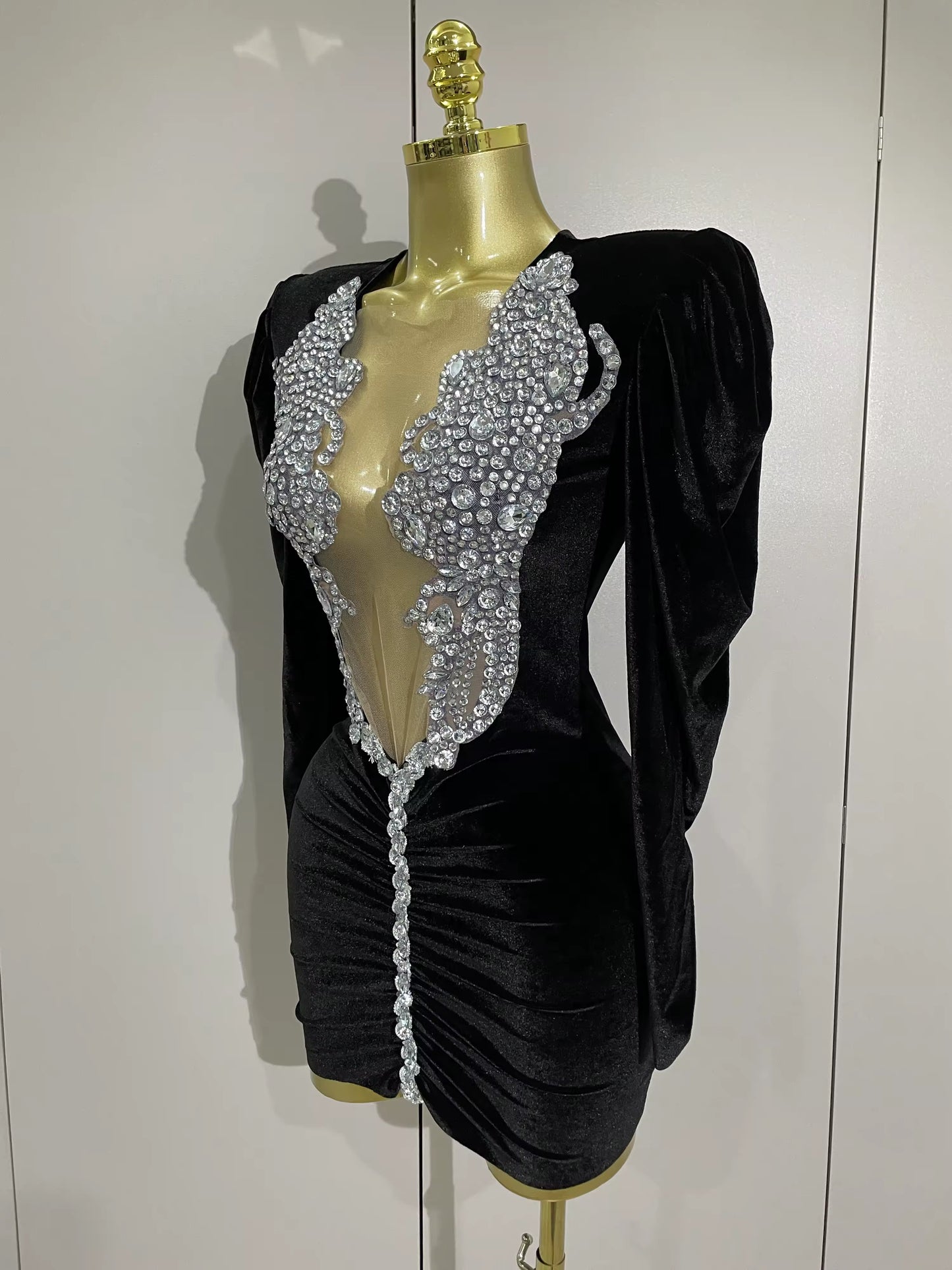 Sparkly Crystals Sexy Mesh Black Velvet Short Dress