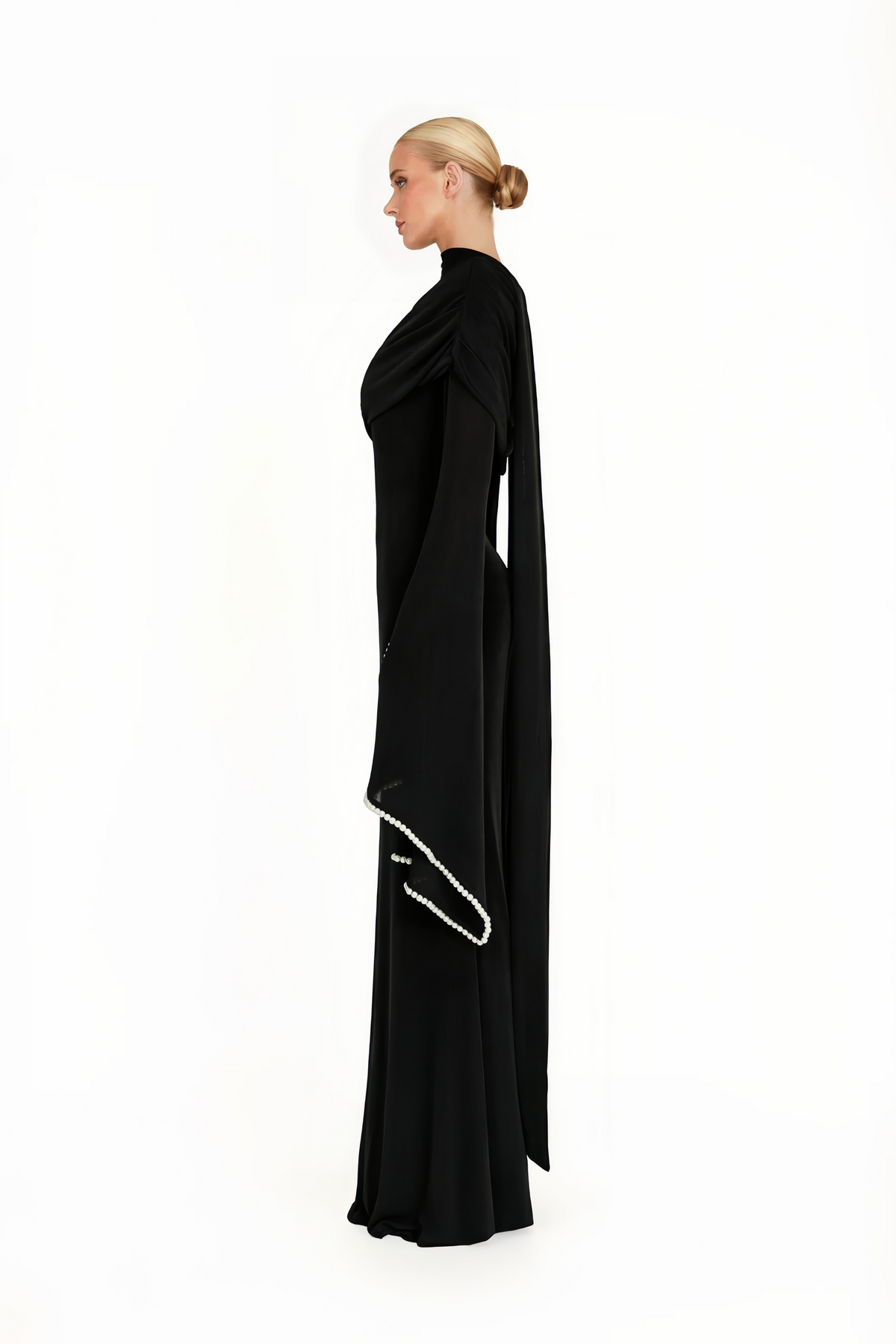 Black One Shoulder Pearl Trim Maxi Gown
