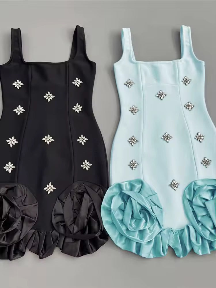 Sleeveless Crystal Square Neck Diamonds Patchwork Flower Bandage Dress