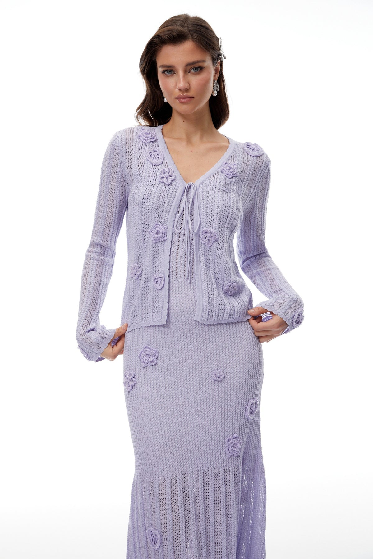 Lavender Floral Ribbed Knit Cardigan & Dress Set
