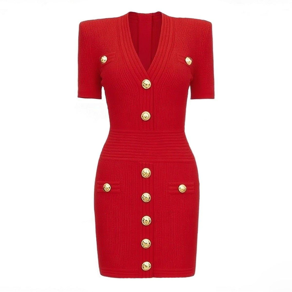 V-Neck Knitted Short Skirt With Rivet Buckle Short Sleeved dress