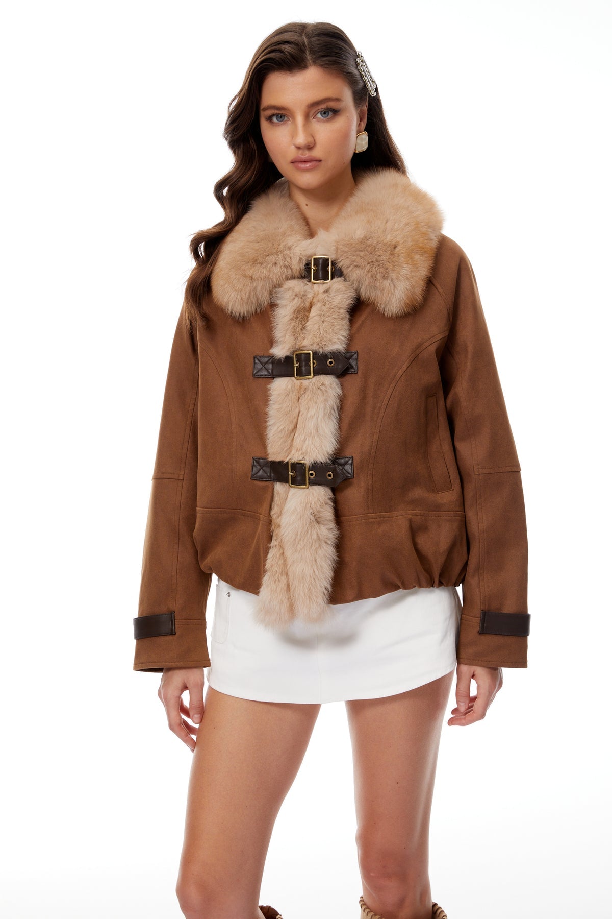 Camel Brown Fur Panel Padded Jacket