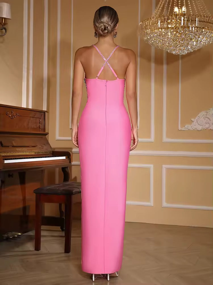 Sleeveless Spaghetti Strap Shiny Crystal Bandage Dress Diamonds Split Bodycon Long Dress