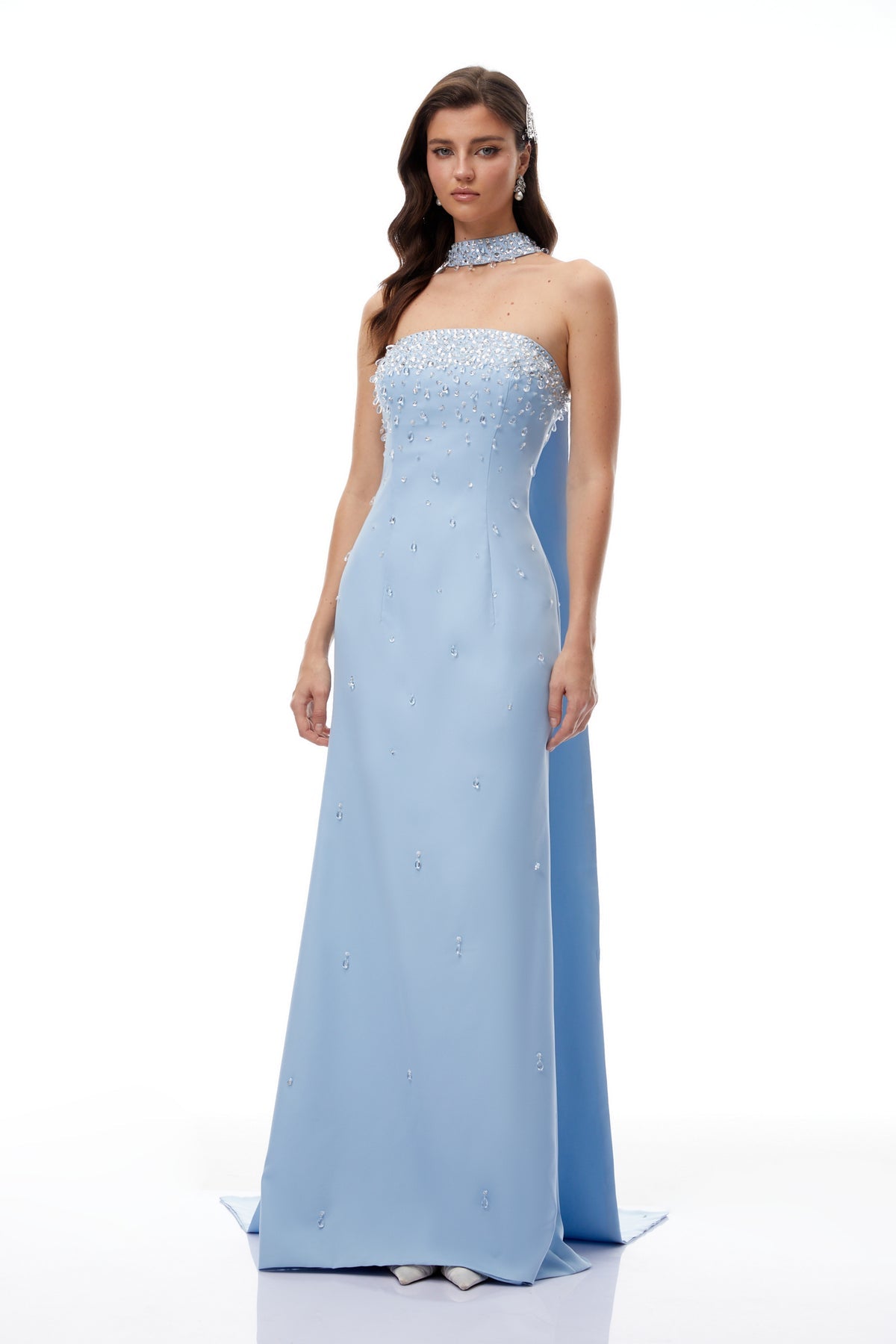 Blue Scarf Detail Embellished Maxi Gown