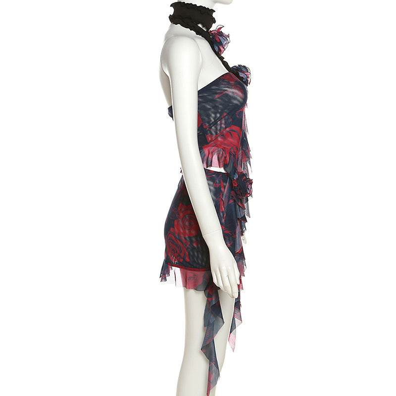 Lace up Scarf Printed Wrapped Chest Cropped Irregular Asymmetric Skirt Set - REBECATHELABEL