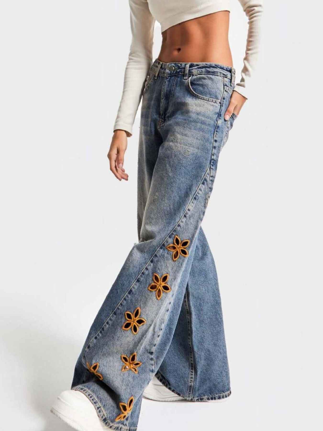 Floral Embroidered Wide Leg Jeans