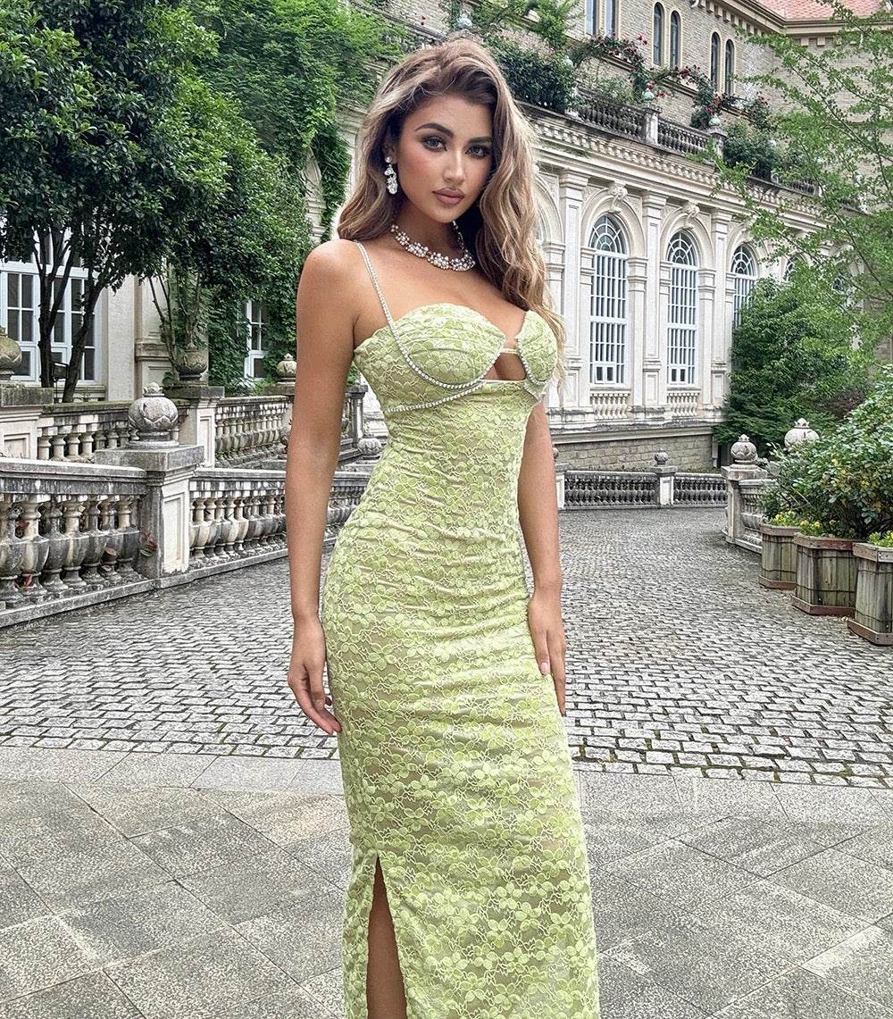 Hollow Diamond Lace Tight Midi Dress - REBECATHELABEL